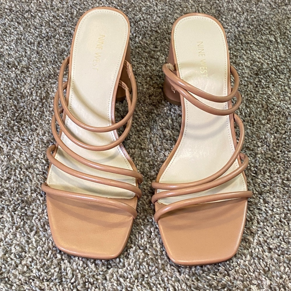 Nine West Getcha Nude Tan Strappy Block Heel Slide Sandals WNGETCHA3 Womens 11M